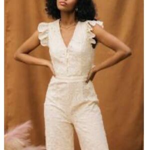 Cream Ruffled Cap Sleeve Jumpsuit with Wide-Leg Silhouette
